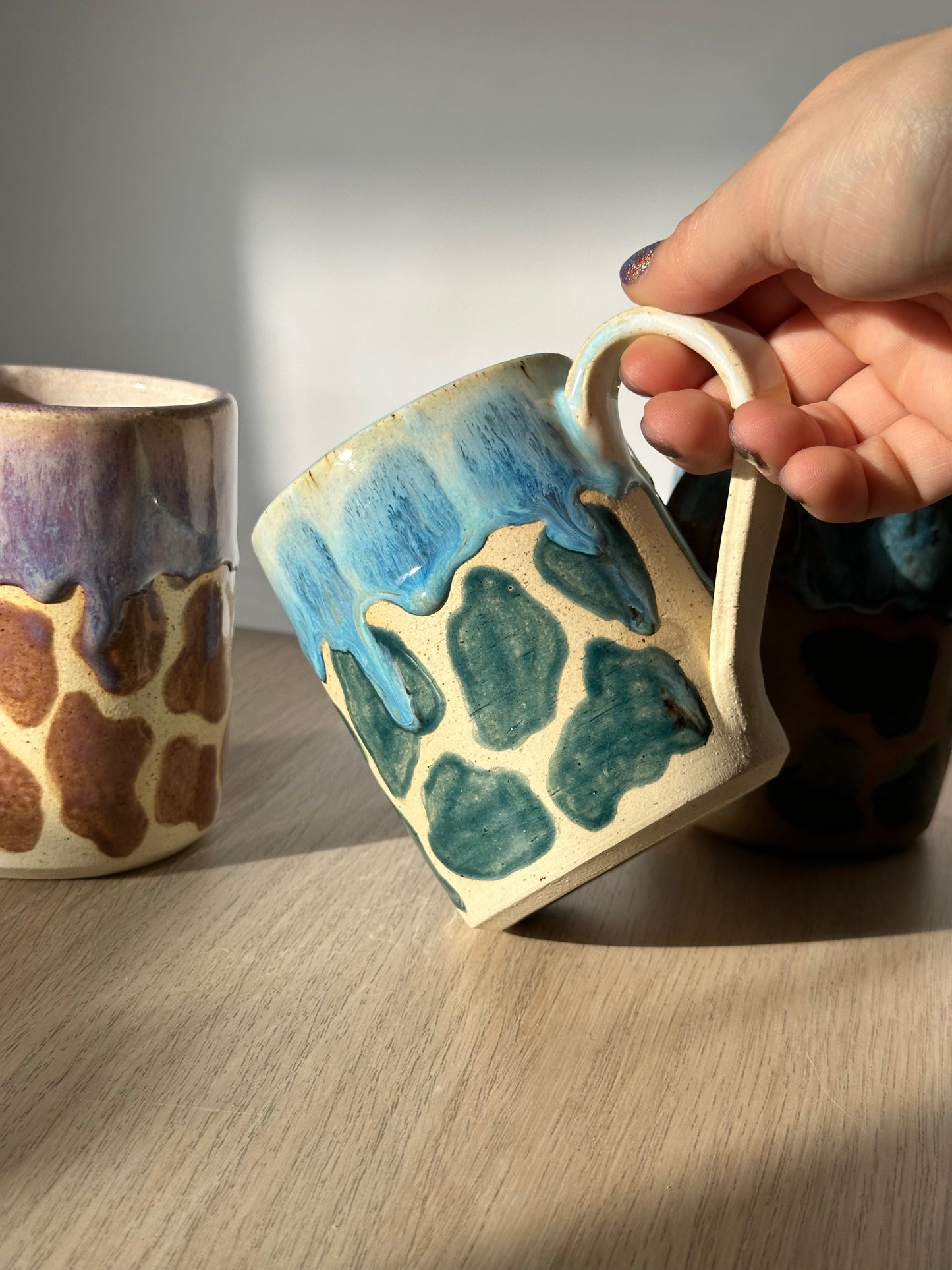 Print blue white clay mug